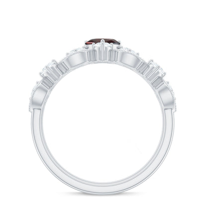 Natural Garnet Diamond Heart Engagement Ring with Wedding Band