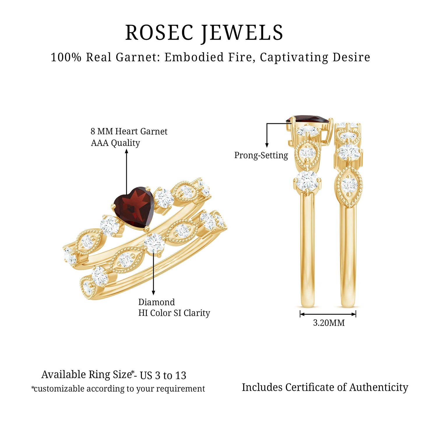 Natural Garnet Diamond Heart Engagement Ring with Wedding Band