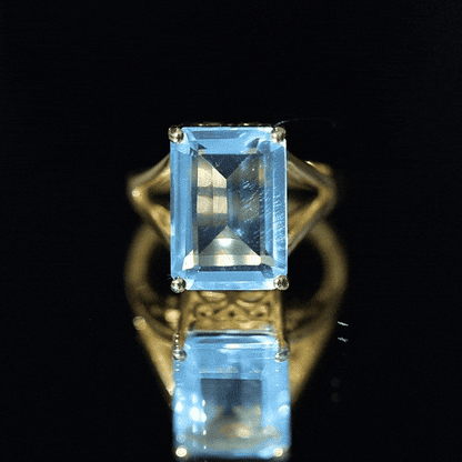 Certified 9 Carat Aquamarine Emerald Cut Engagement Ring in Yellow Gold Plated Silver
