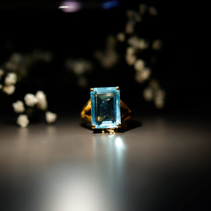 Certified 9 Carat Aquamarine Emerald Cut Engagement Ring in Yellow Gold Plated Silver