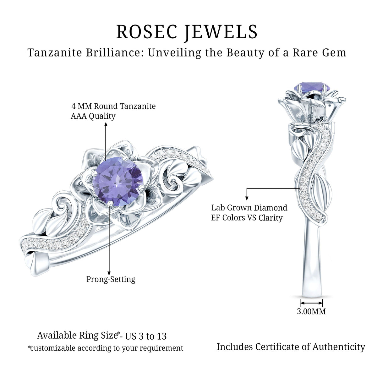 Certified Tanzanite and Diamond Flower Engagement Ring in Silver