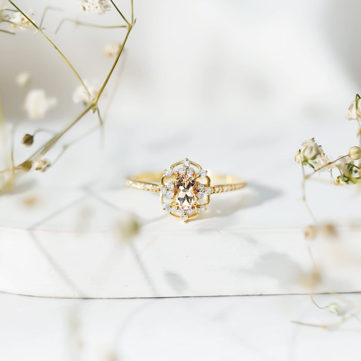 Vintage Inspired Morganite Engagement Ring with Diamonds