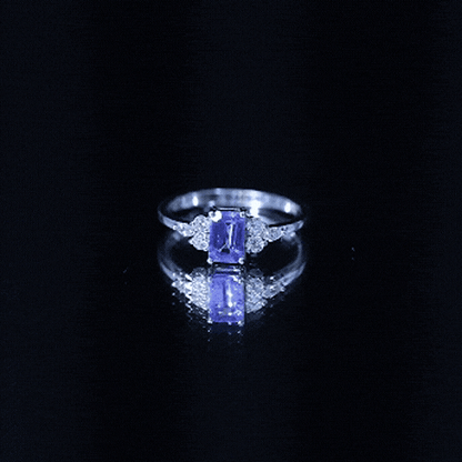 Genuine Tanzanite and Diamond Emerald Cut Engagement Ring in Silver