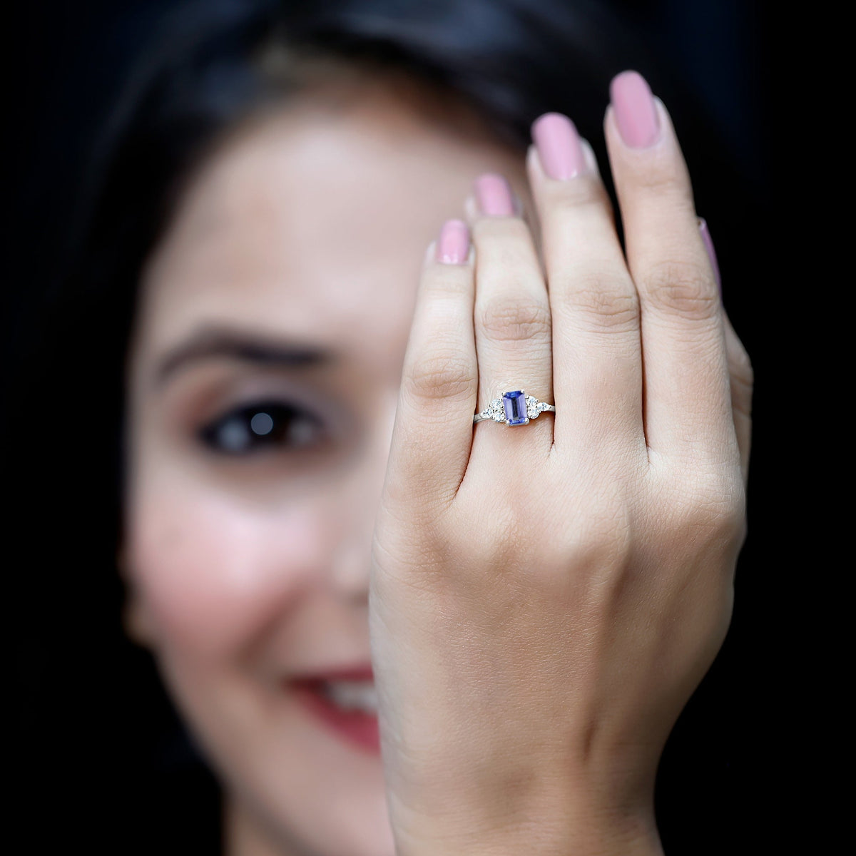 Genuine Tanzanite and Diamond Emerald Cut Engagement Ring in Silver