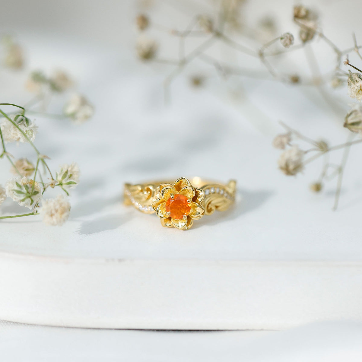 Genuine Citrine Rose Engagement Ring with Diamonds