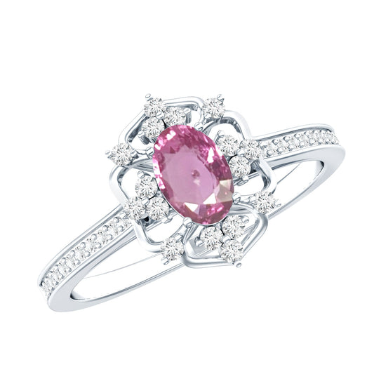 Natural Pink Sapphire Diamond Vintage Engagement Ring in Silver