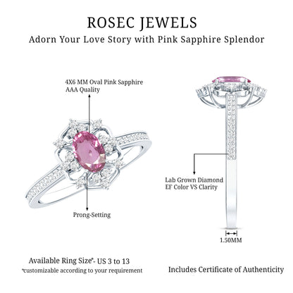 Natural Pink Sapphire Diamond Vintage Engagement Ring in Silver
