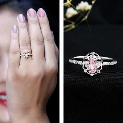 Natural Pink Sapphire Diamond Vintage Engagement Ring in Silver
