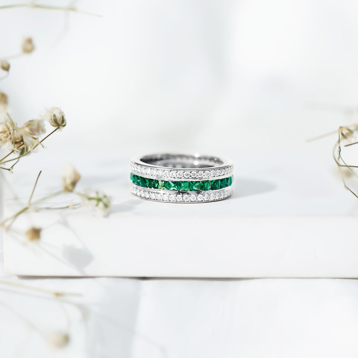 Certified Lab Grown Emerald 3 Row Eternity Wedding Band