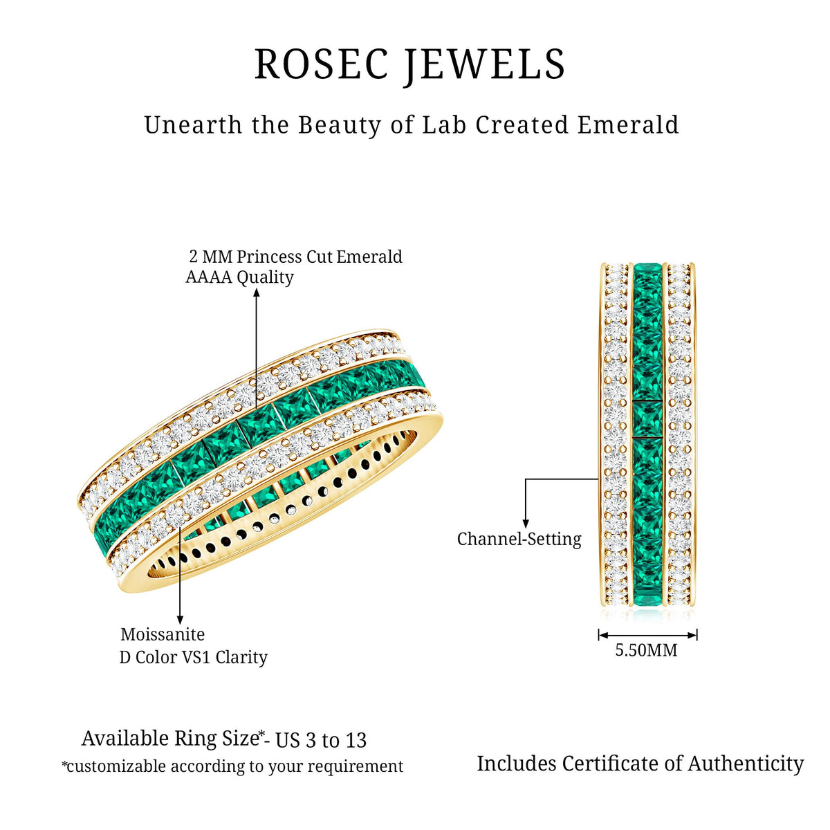 Three Row Lab Created Emerald and Moissanite Wedding Band