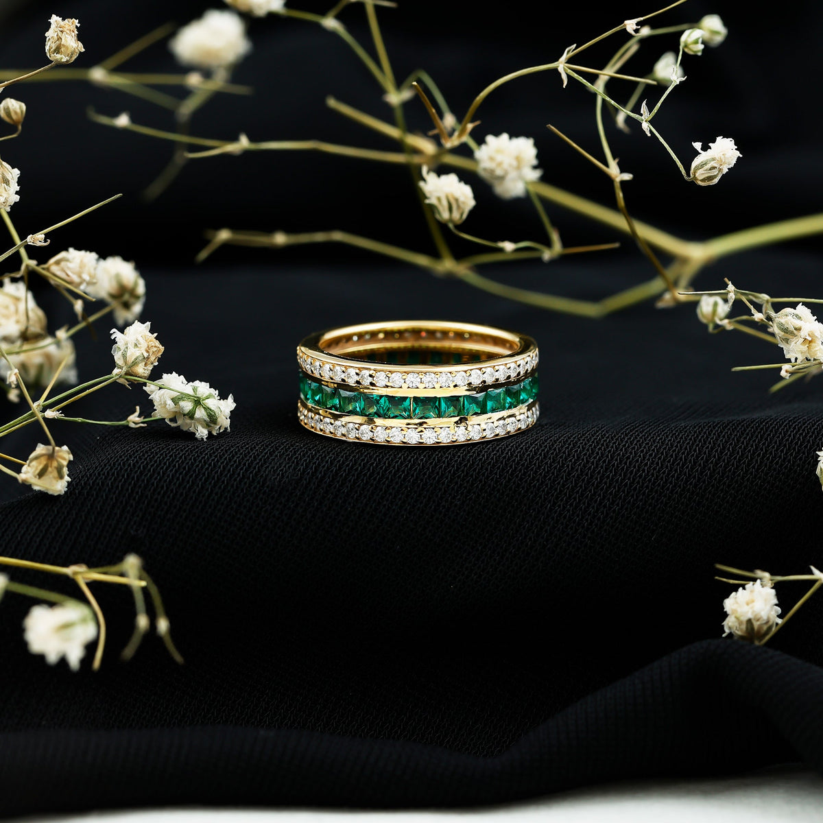 Three Row Lab Created Emerald and Moissanite Wedding Band