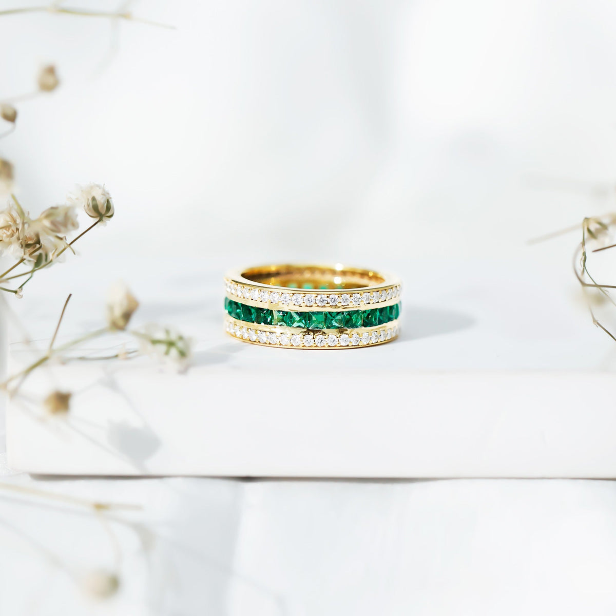 Three Row Lab Created Emerald and Moissanite Wedding Band