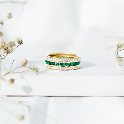 Three Row Lab Created Emerald and Moissanite Wedding Band