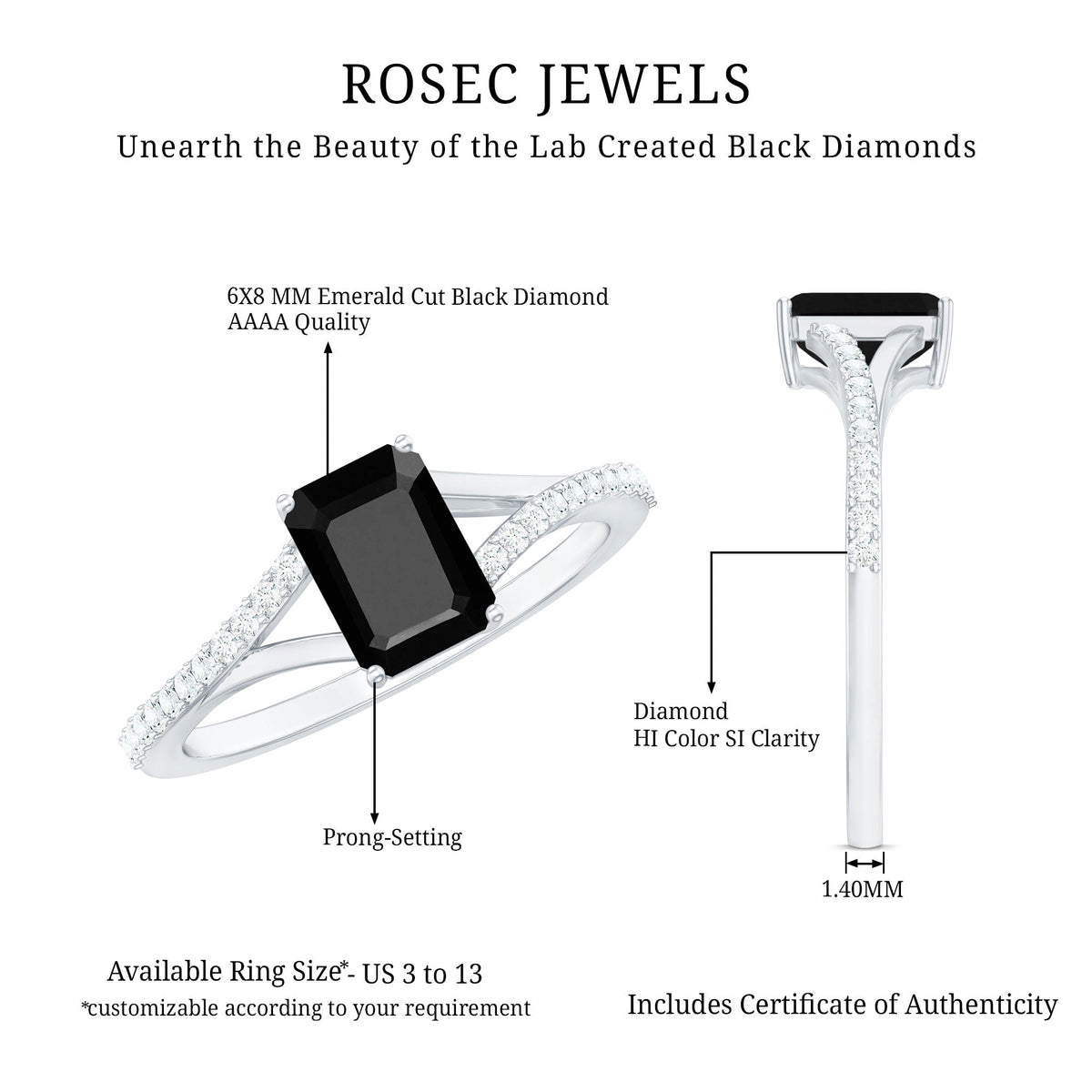 3.4 Carat Emerald Cut Lab Created Black Diamond Engagement Ring