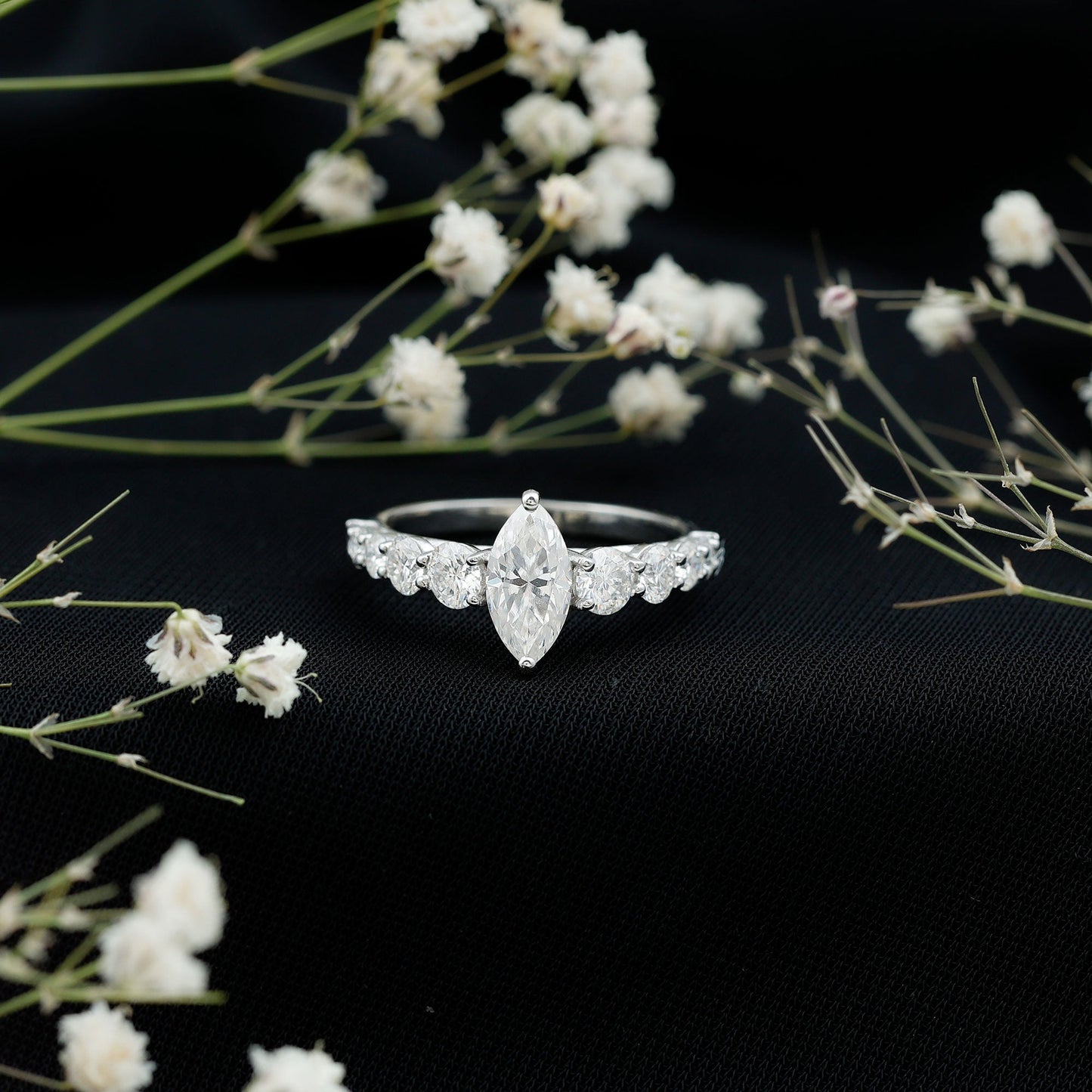 7x14 MM Marquise Moissanite Engagement Ring (Side Stone)