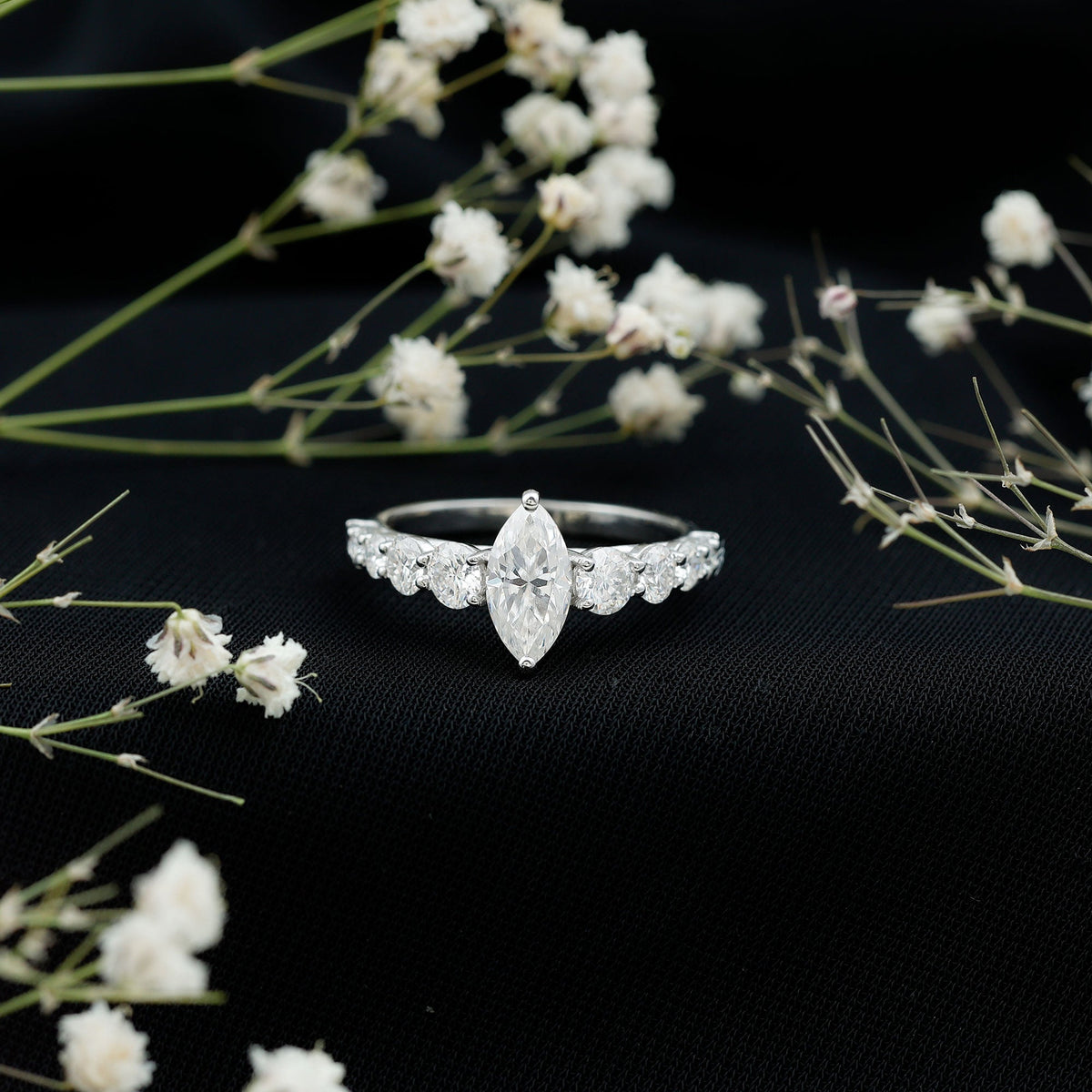 7x14 MM Marquise Moissanite Engagement Ring (Side Stone)