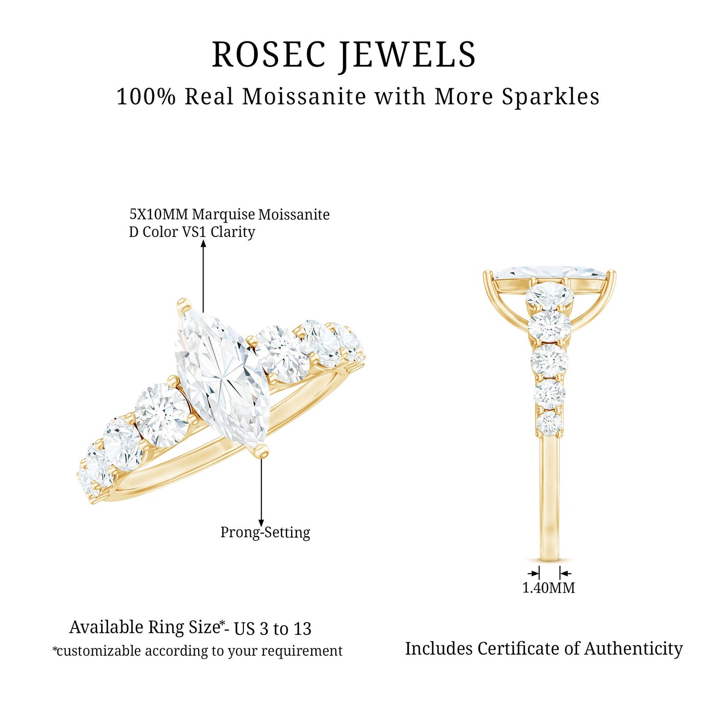 7x14 MM Marquise Moissanite Engagement Ring (Side Stone)