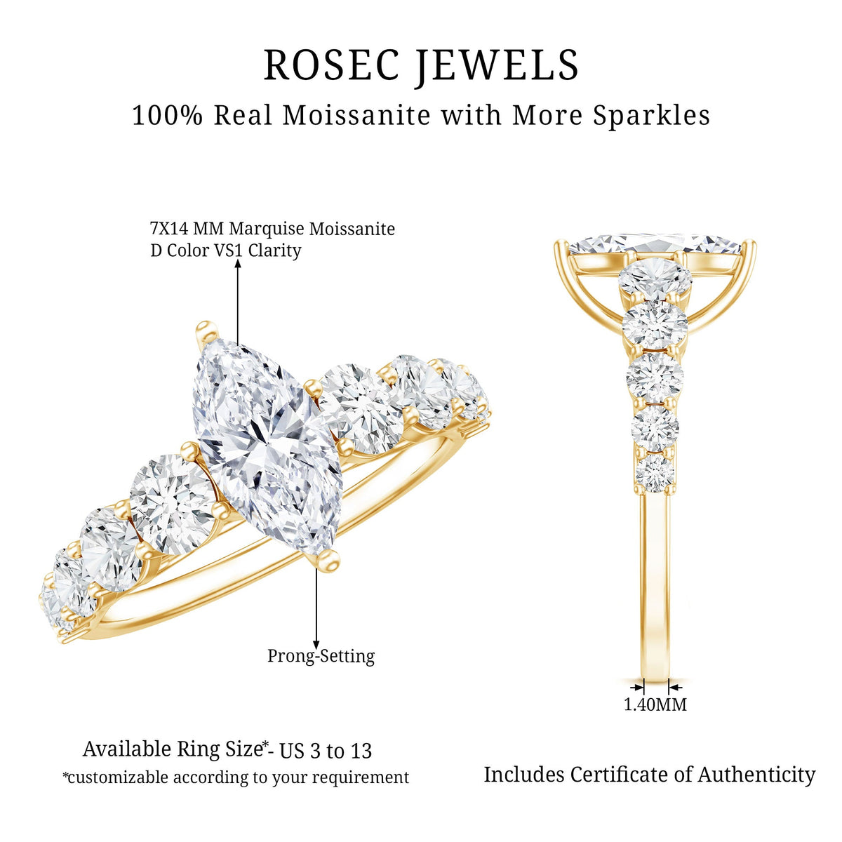 7x14 MM Marquise Moissanite Engagement Ring (Side Stone)