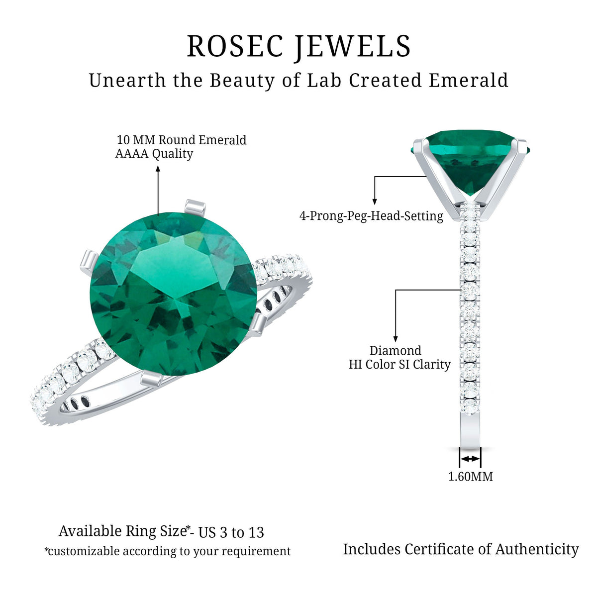 Certified 10 mm Solitaire Lab Grown Emerald Engagement Ring with Diamond