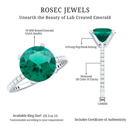 Certified 10 mm Solitaire Lab Grown Emerald Engagement Ring with Diamond
