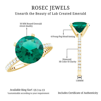 Certified 10 mm Solitaire Lab Grown Emerald Engagement Ring with Diamond