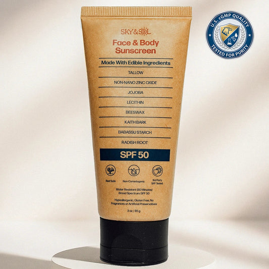 Sunscreen tube labeled 'Face & Body Sunscreen' with 'SKY & SOL' branding on a beige background.