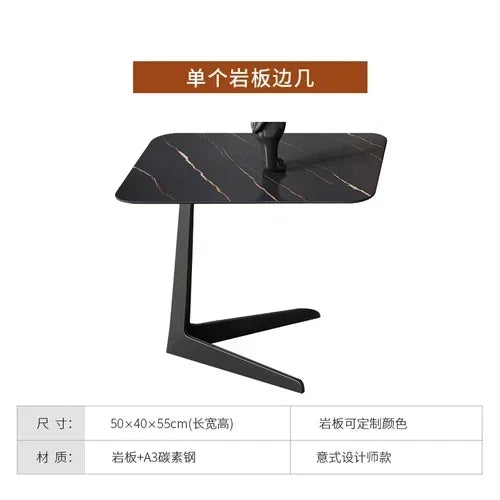 Black marble side table with dimensions and material details on a white background