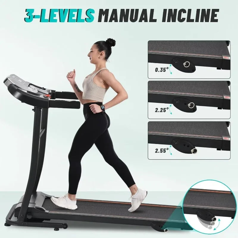 Woman using a treadmill with adjustable incline levels displayed.