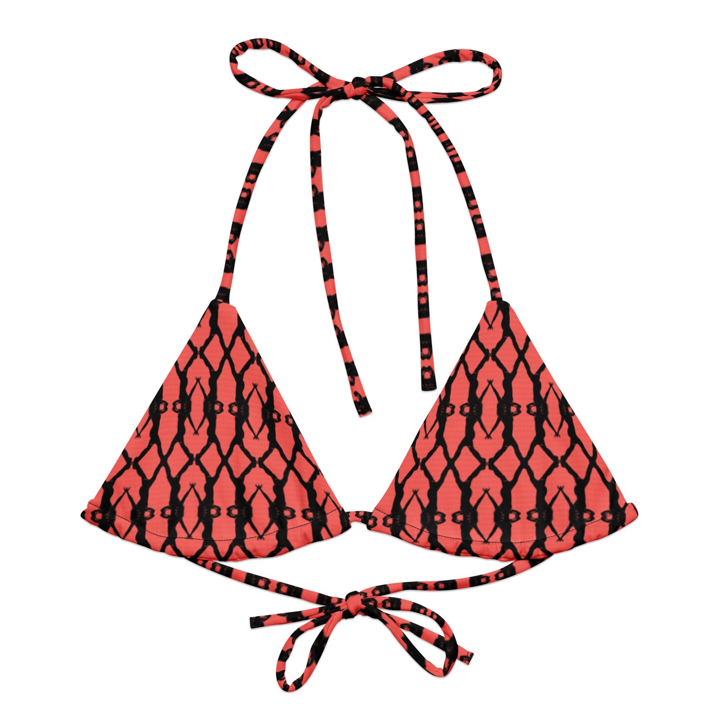 Red and black patterned bikini set on a white background