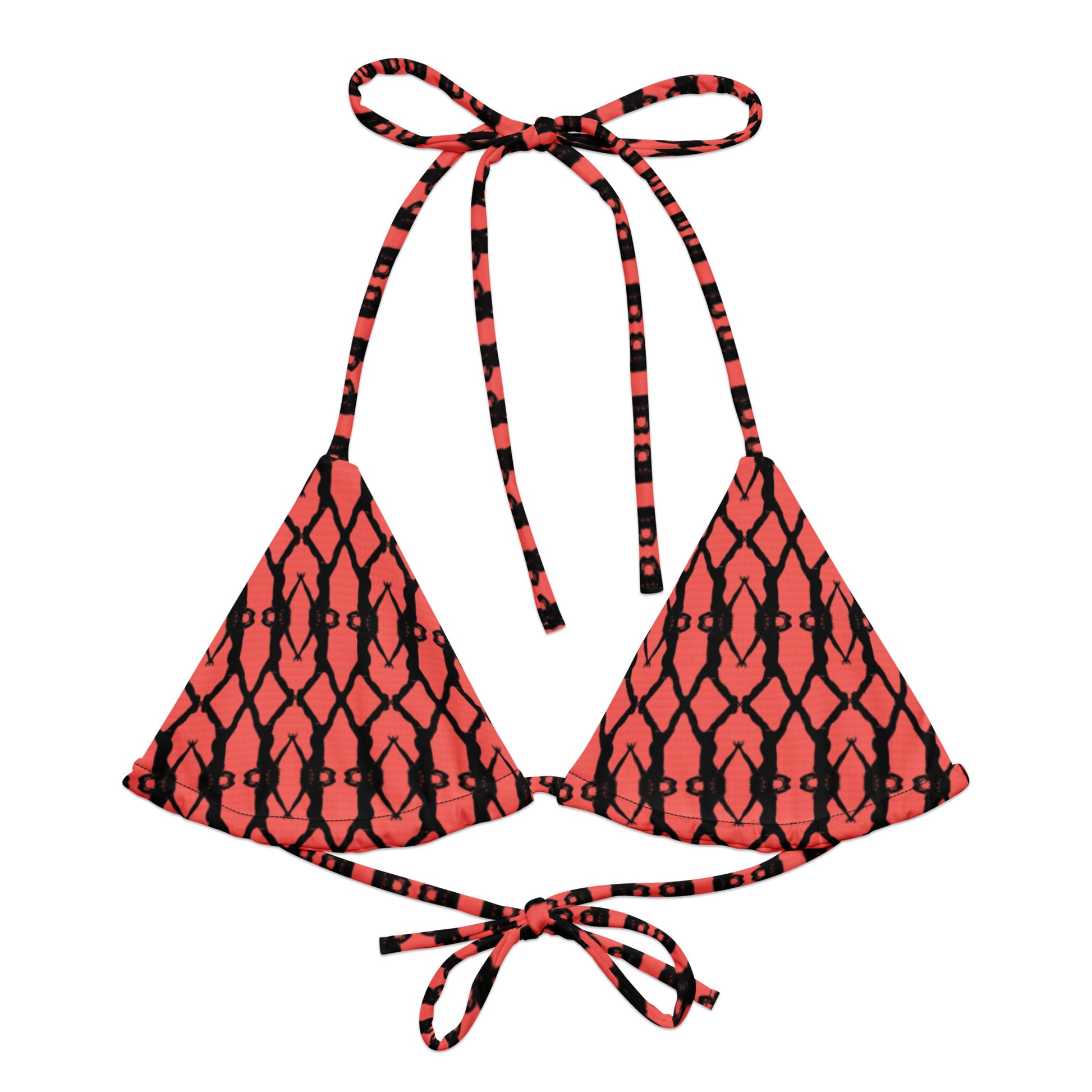 Red and black patterned bikini set on a white background