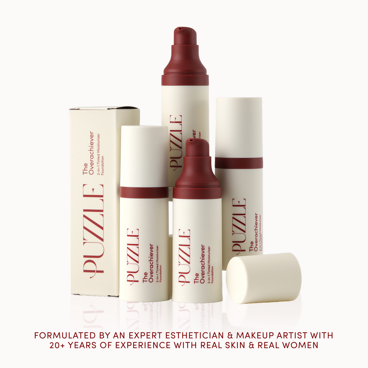 Makeup products with 'PUZZLE' branding on a white background