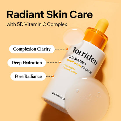 Torriden CellMazing Brightening Ampoule with text on a yellow background