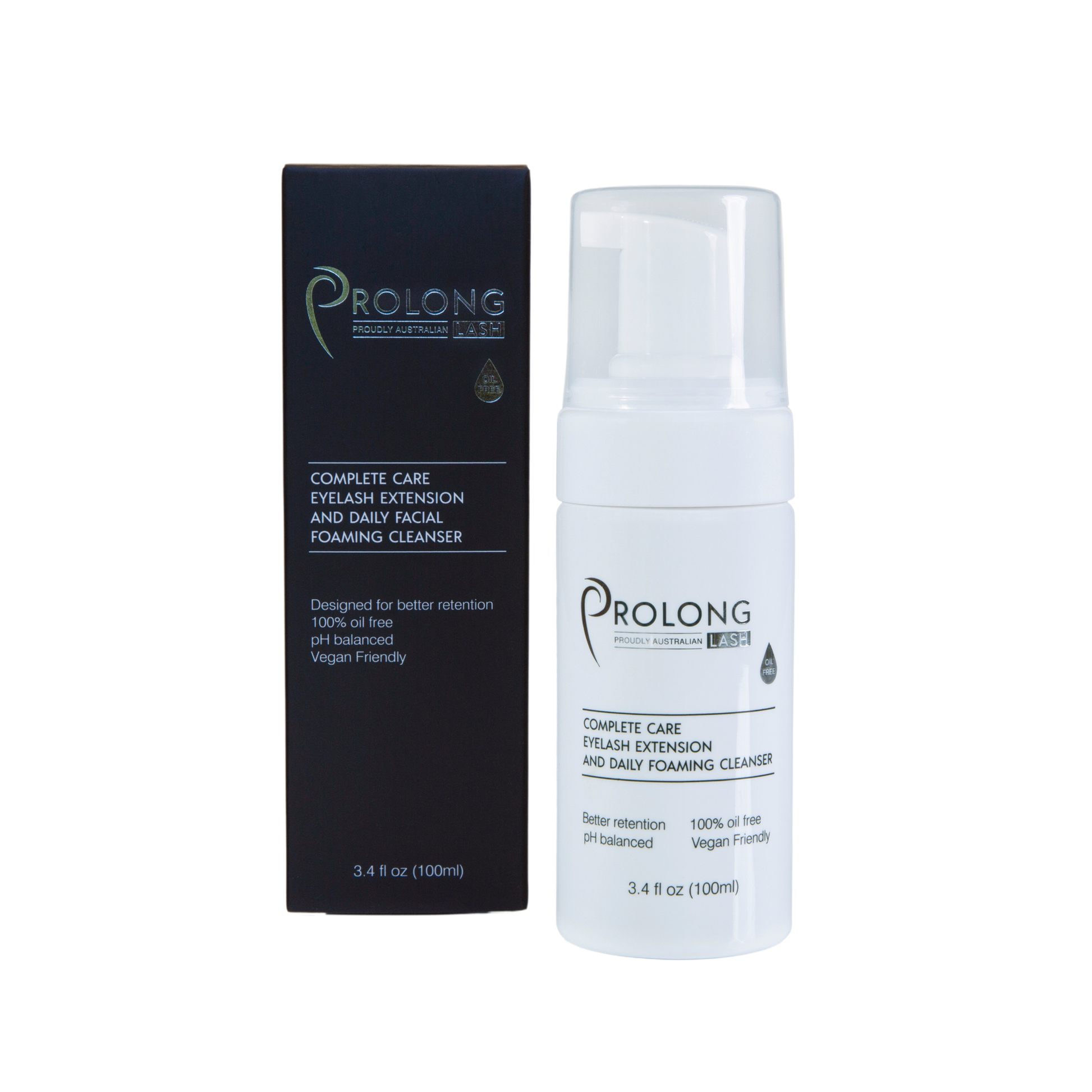 Prolong eyelash extension foaming cleanser with packaging on a white background