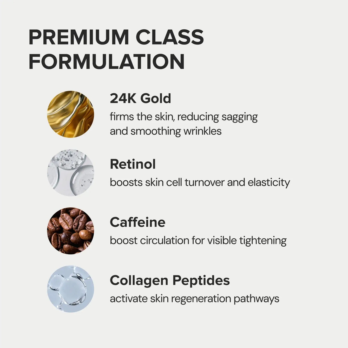 List of skincare ingredients with their benefits on a light gray background