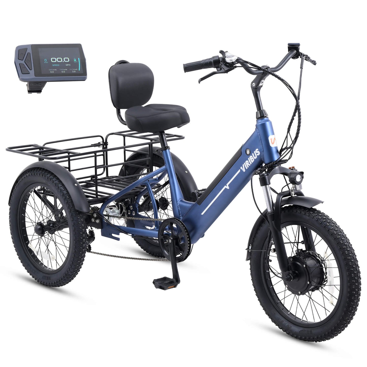 Blue electric tricycle with a seat and basket on a white background