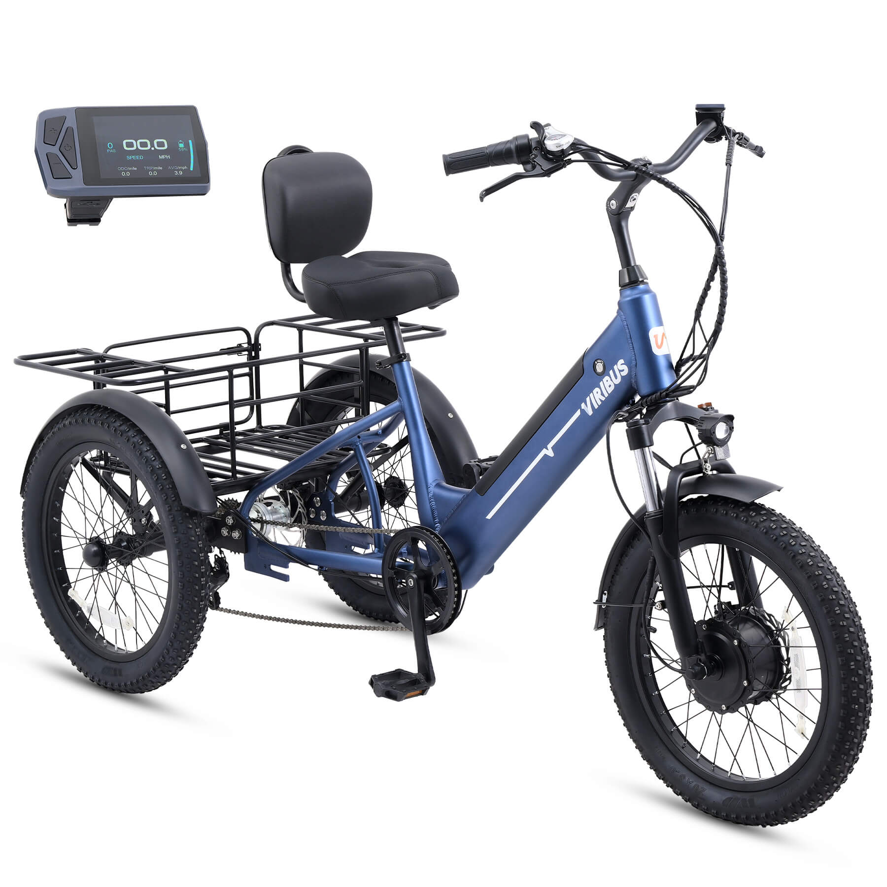Blue electric tricycle with a seat and basket on a white background