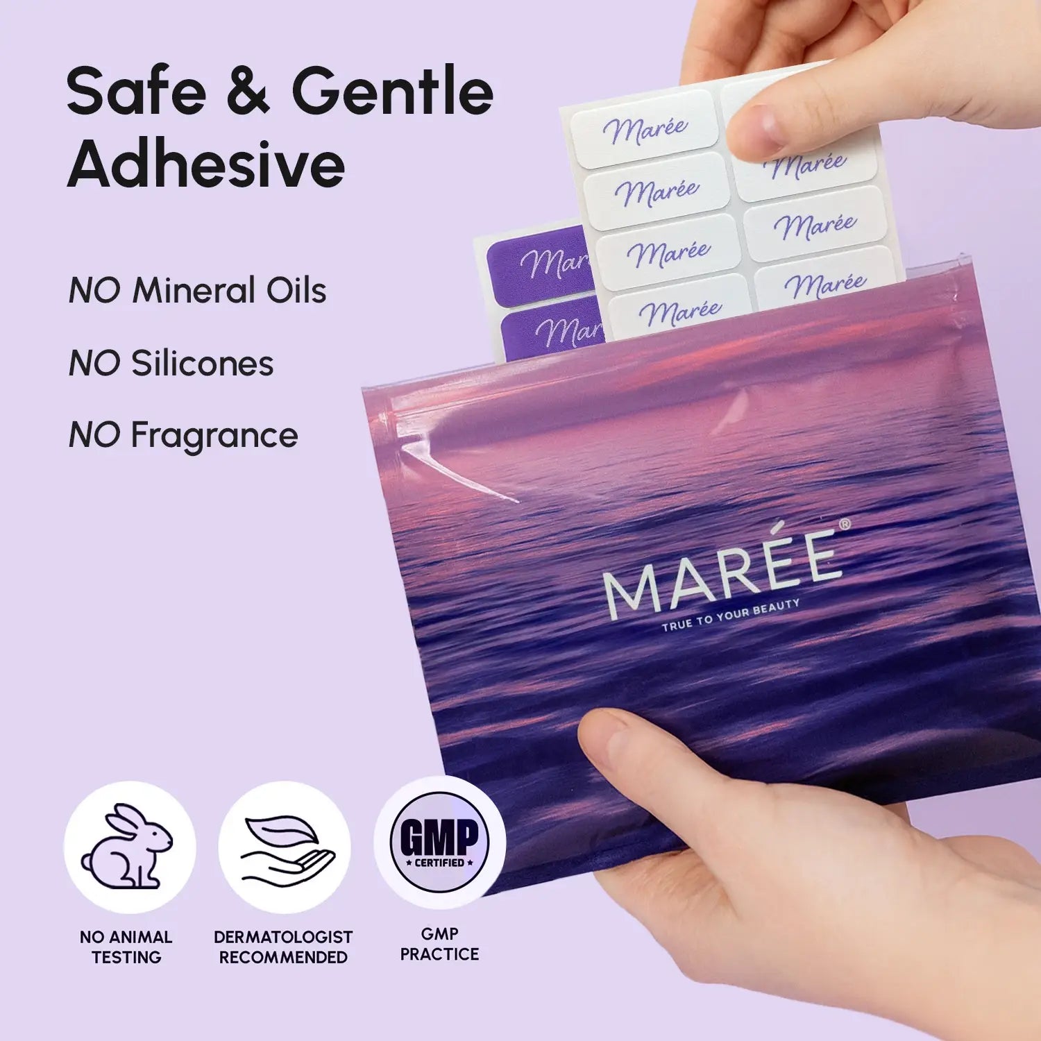 Product packaging with 'Maré' branding and safety features listed on a purple background