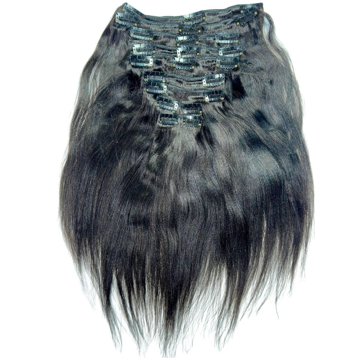 Black hair extensions with clips on a white background