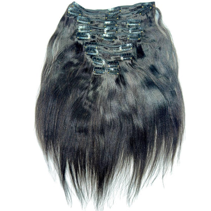 Black hair extensions with clips on a white background