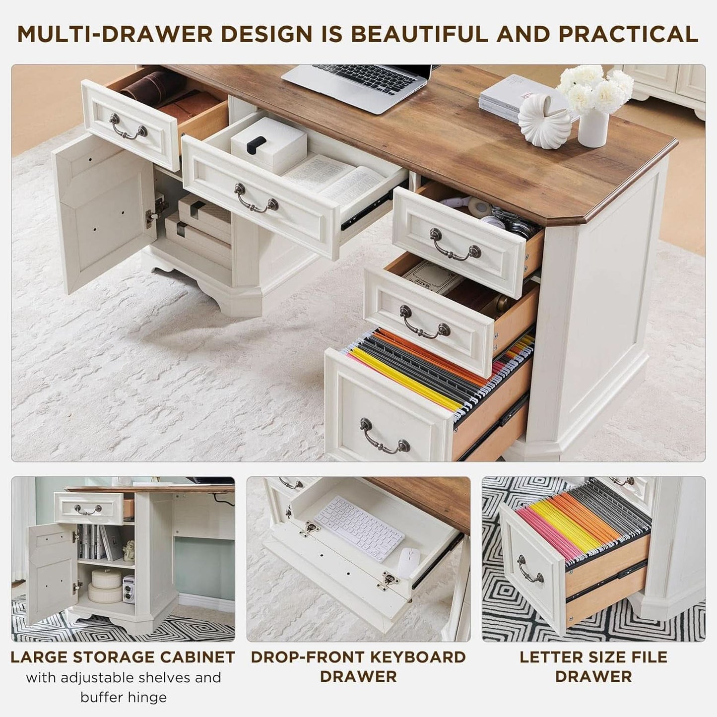 Victorian Farmhouse Desk, Antique White, 59