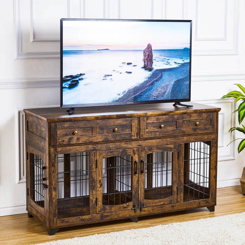 Wooden pet crate with TV above in a living room setting