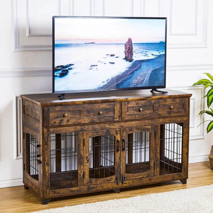 Wooden pet crate with TV above in a living room setting