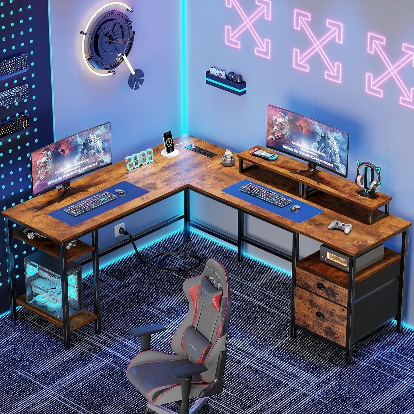 Fifty Nine Inch L Shaped Desk With Power Outlet And Storage Shelves