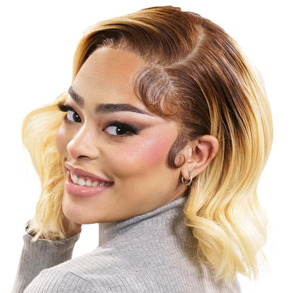 Woman with a styled wig on a white background