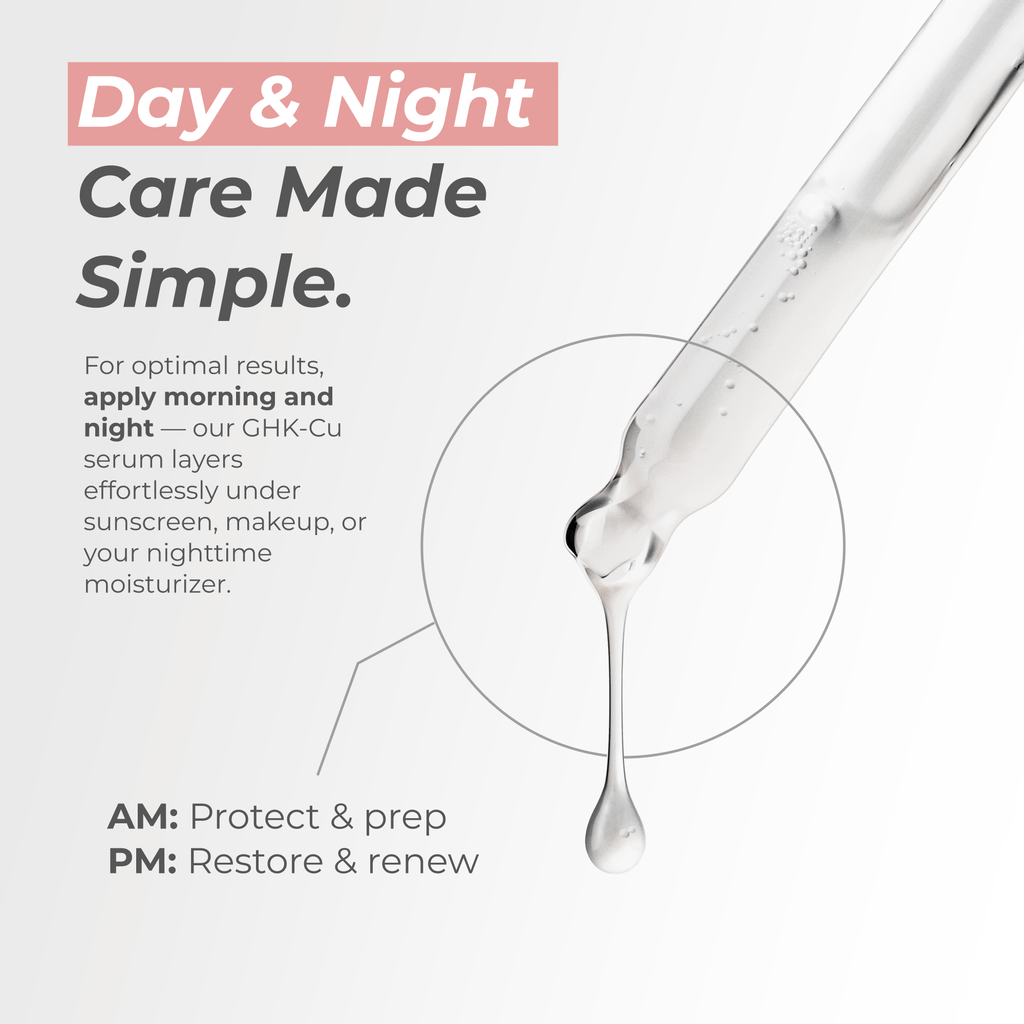 Glass dropper with serum and text about 'Day & Night Care Made Simple' on a white background