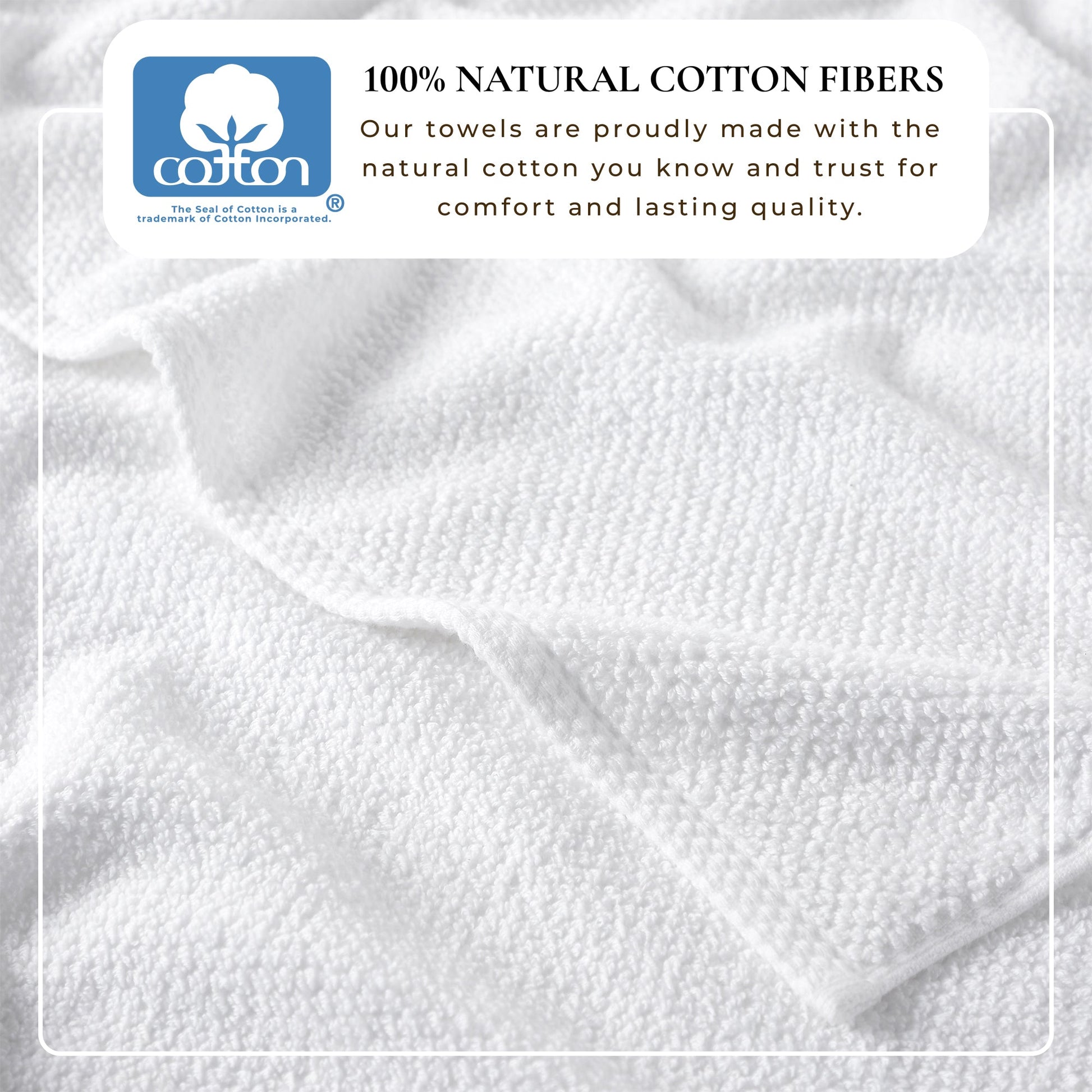 Close-up of white towel with '100% Natural Cotton Fibers' label and cotton brand logo.