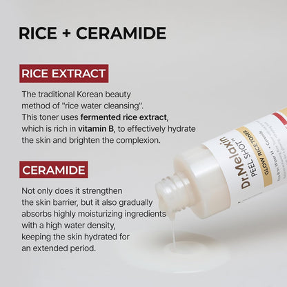 Dr. Meladrin toner bottle with text about rice extract and ceramide on a light gray background