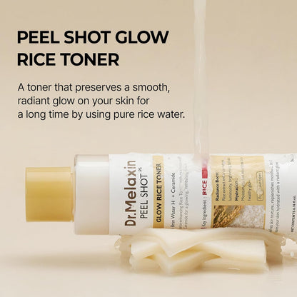 Dr. Melaxin Peel Shot Glow Rice Toner with product packaging on a beige background