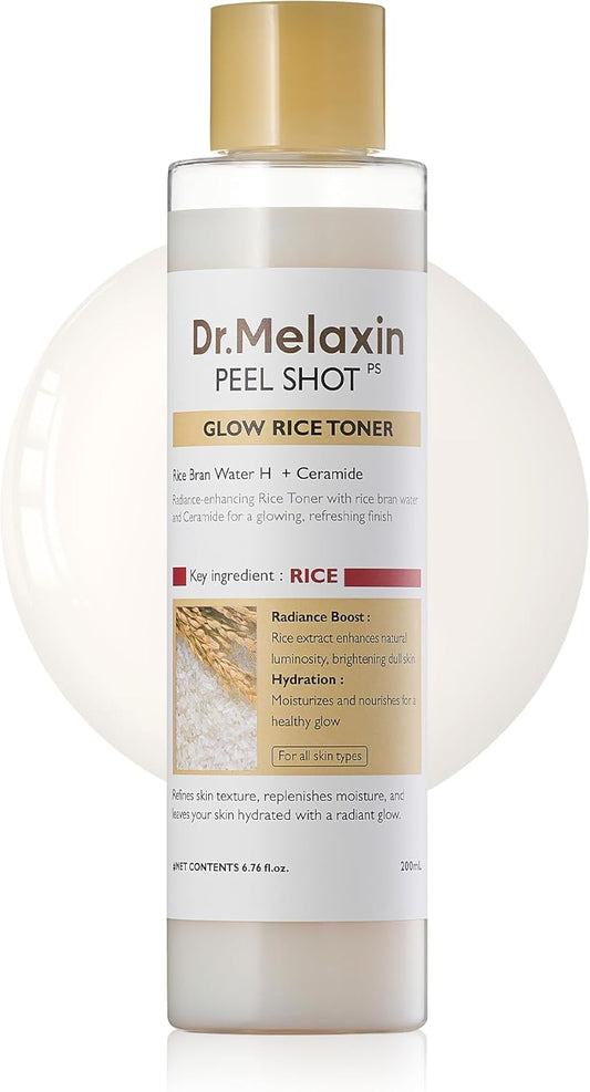 Dr. Melaxin Glow Rice Toner bottle on a white background