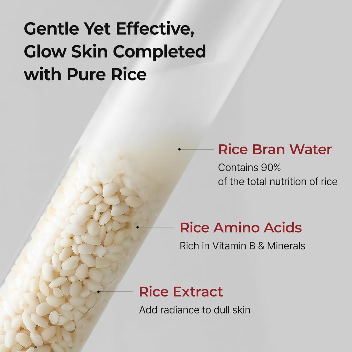 Rice bran water with text highlighting its benefits on a gray background